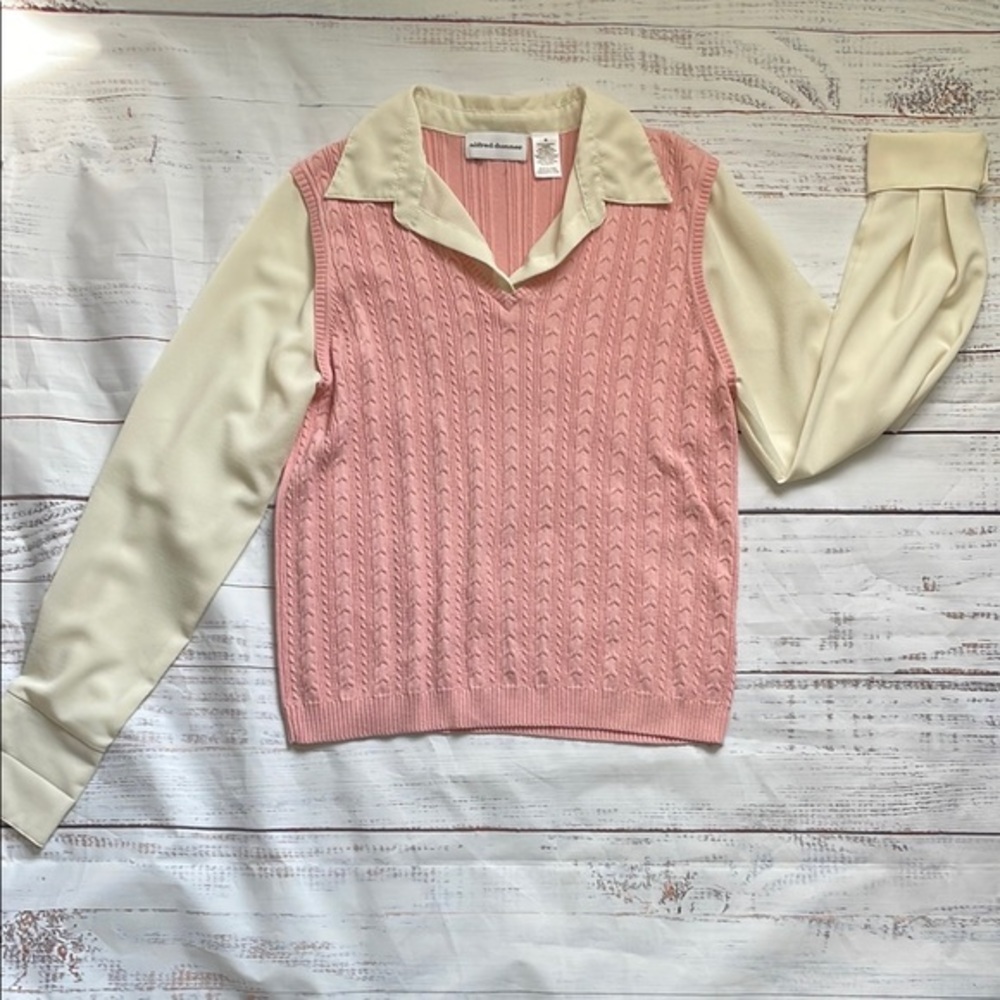 Alfred Dunner Women Pink and Cream Long Sleeve Layered Sweater Vest with Blouse